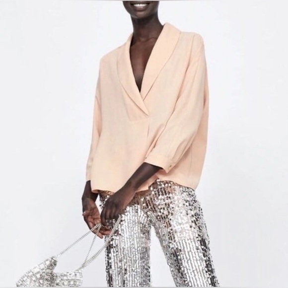 NWOT Zara Basic V Neck 3/4 Sleeve Crop Blouse in Beige/Pink -XS - Picture 1 of 5